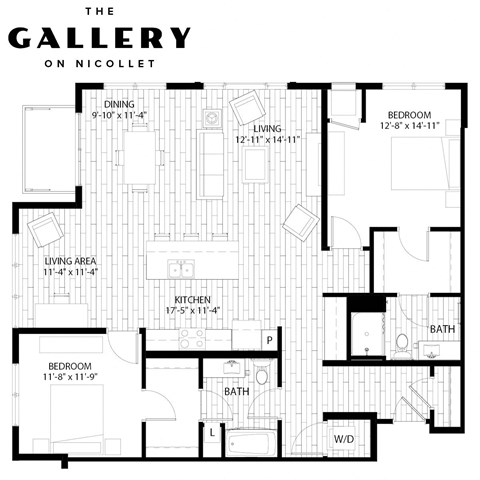 Floor plan for 2 beds, 2 baths, 1454 sqft
